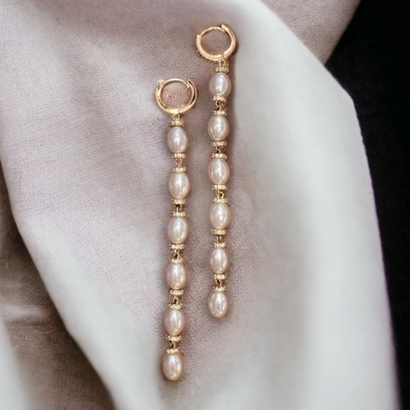 Long Gold Dangle Earrings White Pearls on Huggie Hoops-Like new! Great Gift! - Picture 5 of 15